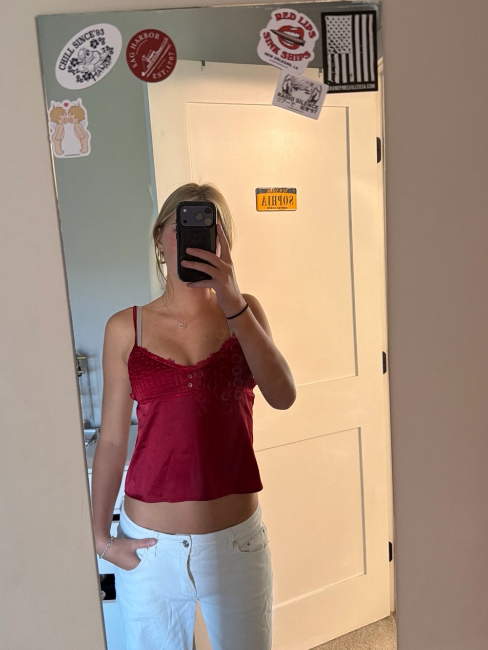 Edikted Red Lace-Trim Satin Cami Top